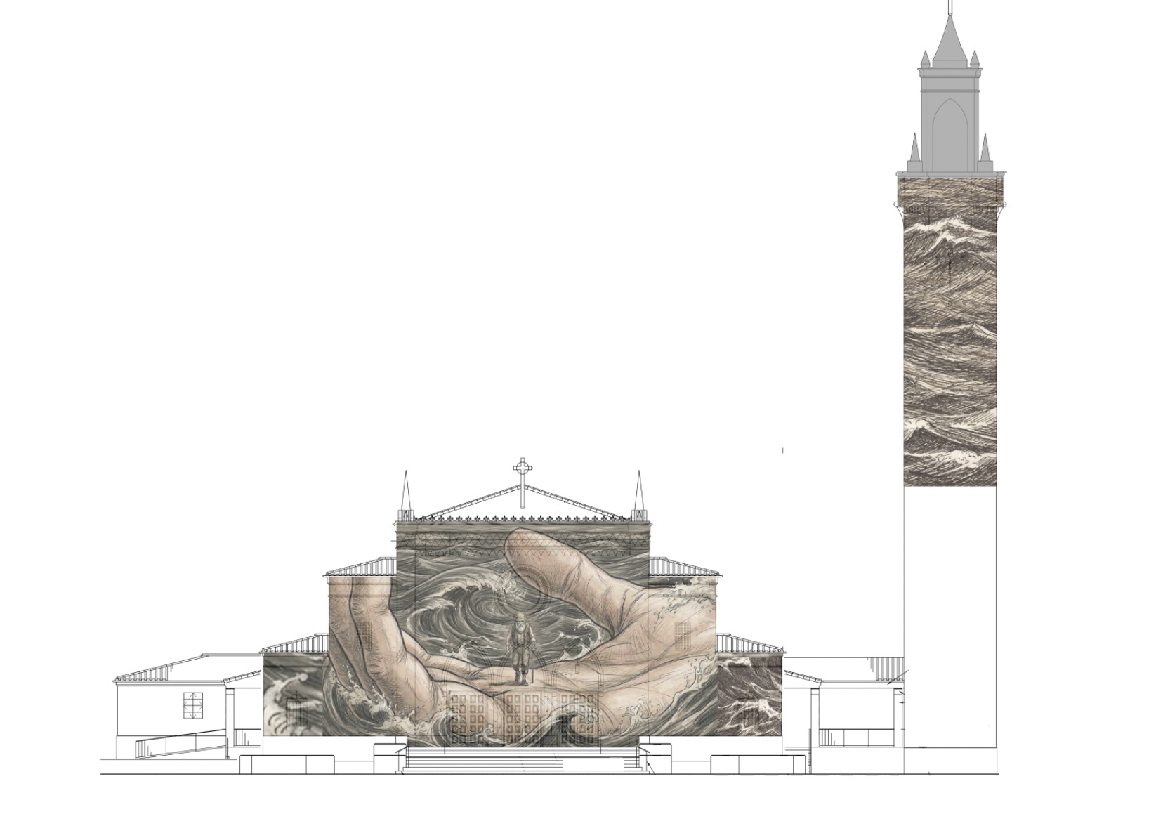 An animated image on Sacred Heart Chapel's facade depicts an old man in a large hand resting on a violent sea. The tower also has sea elements animated onto it